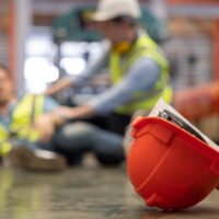 Close Up on Red Hard Hat with Blurred Injured Factory Workers in the Background