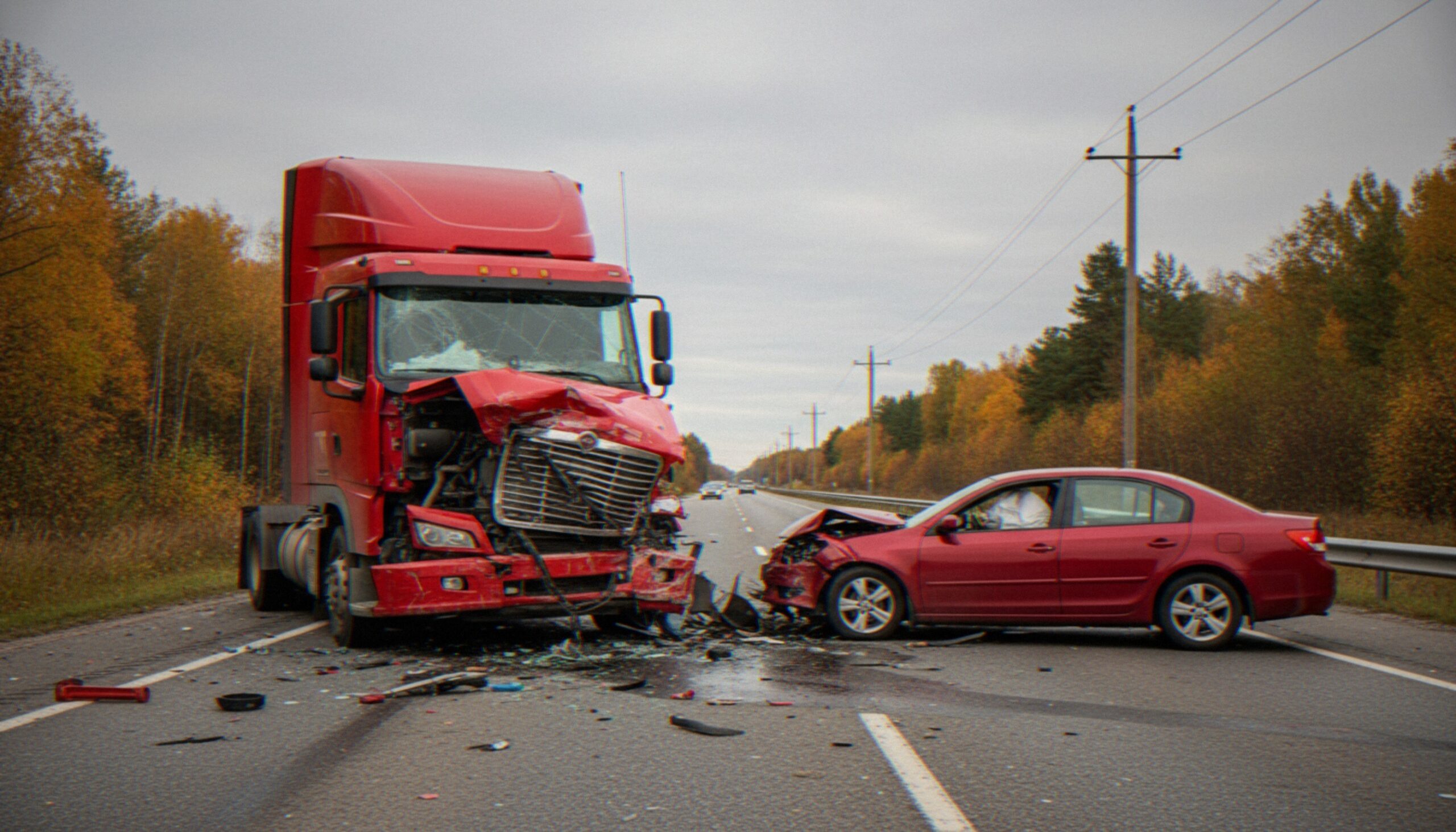 A serious head-on collision between a red semi-truck and a red passenger car on an asphalt highway, showing significant vehicle damage and road debris. The effects of a trucking accident.